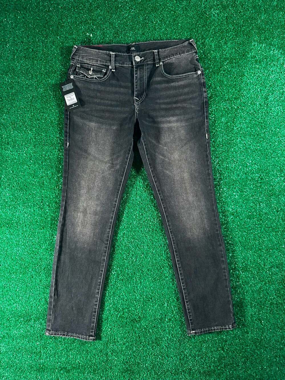 True Religion Geno Big T Flap Slim Jeans in Grey Gloomy Wash
